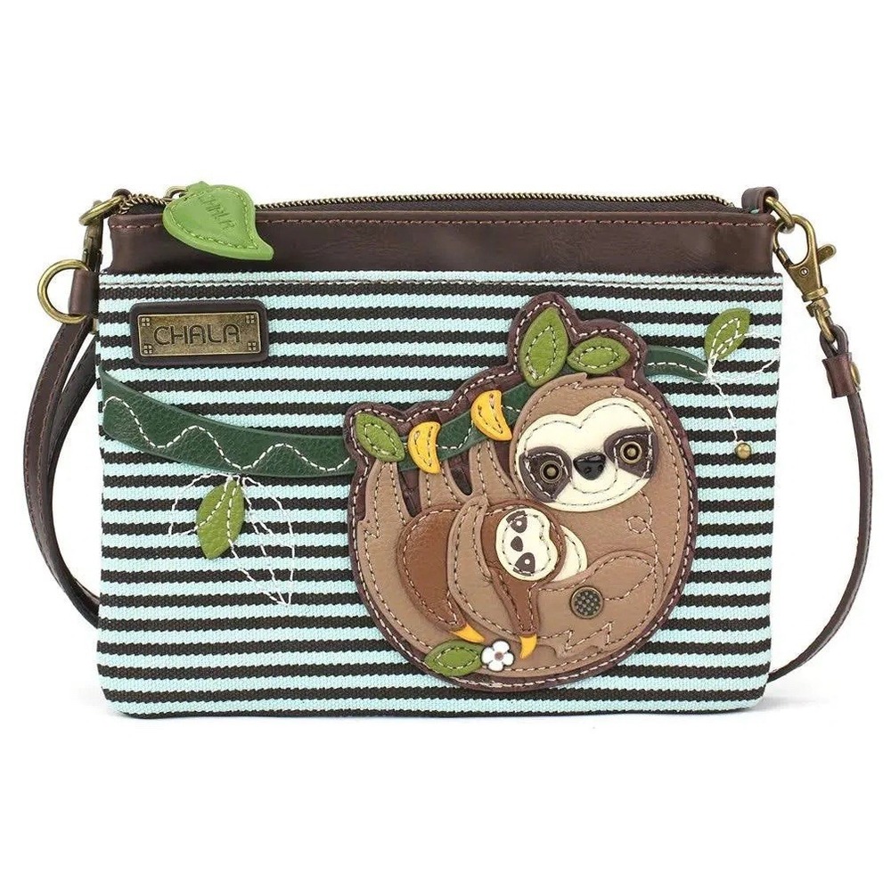 Chala Venture Cell Phone Crossbody Bag Sloth Striped Canvas Teal Brown